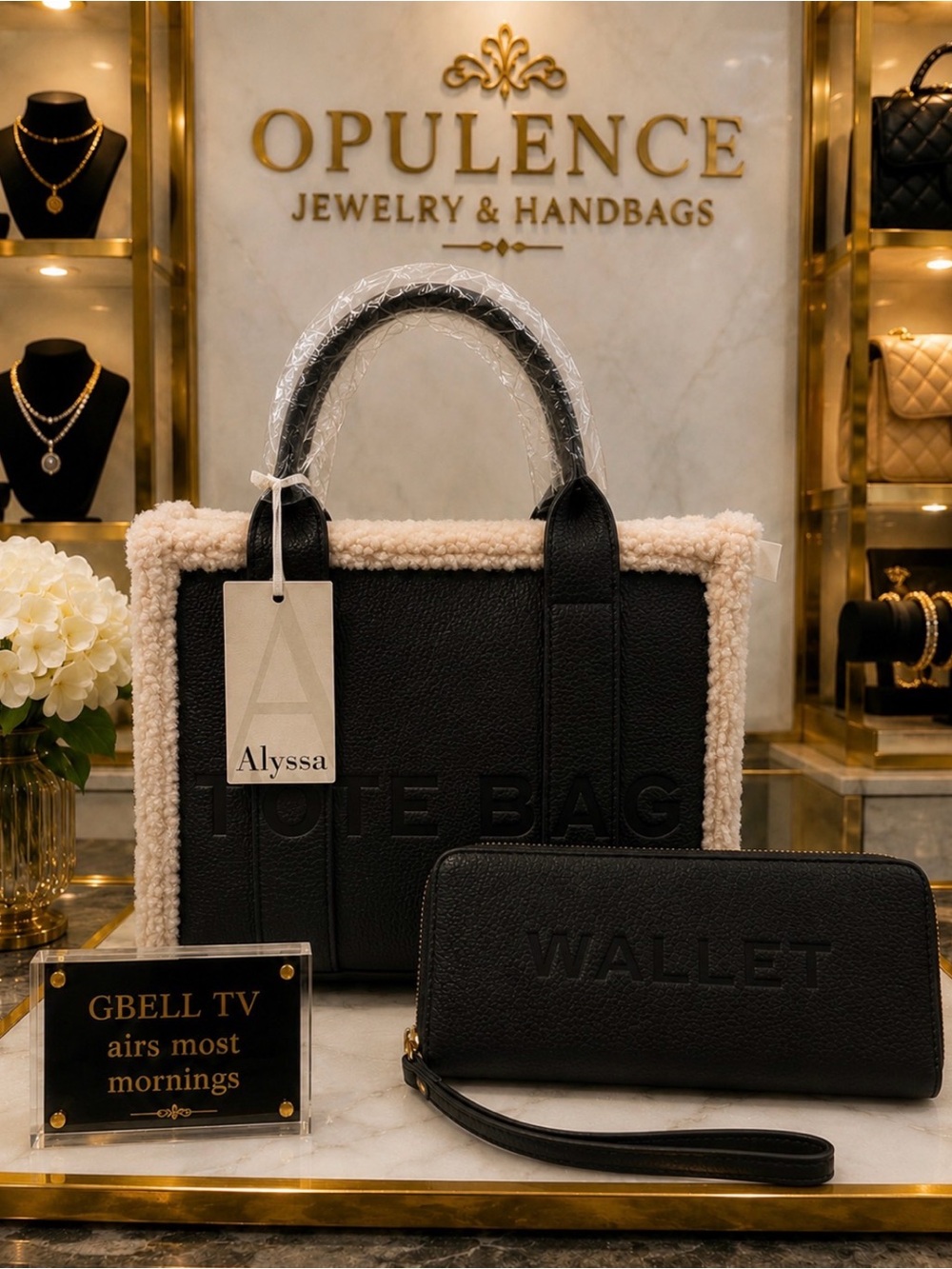 Black Shearling-Trim Tote Bag with Wallet